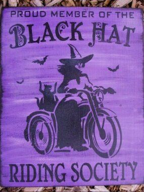 Primitive witche sign Black Hat Riding Society Motorcycles bikers Halloween cats